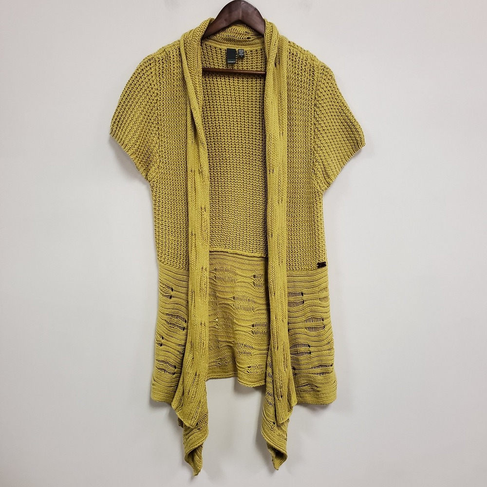 Shannon Passero Womens Open Knit Lagom Duster Cardigan Size L Green Artsy Cotton